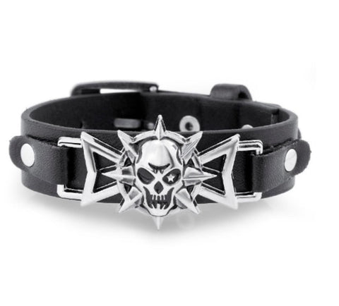 Unique Gothic Skeleton Skull Star Biker Leather Bracelet For Women and Men / AZBRLBA08-SBL