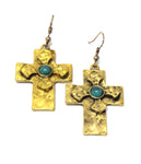 Fashion Trendy Textured Metal Cross with Stone Fish Hook Cross Earrings For Women / AZERCR005-GTU