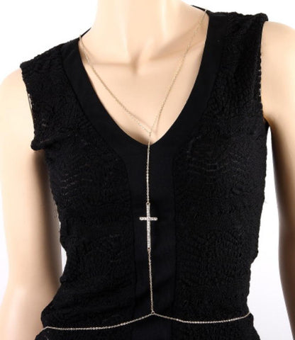 Fashion Trendy Cross with Rhinestone Body Chain For Women / AZFJBC027-GLD