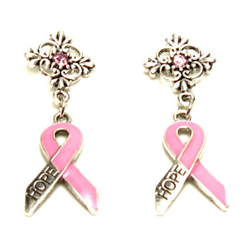 Arras Creations Breast Cancer Awareness Ribbon with Hope Dangle Post Earrings for Women / AZEABC101-SPI