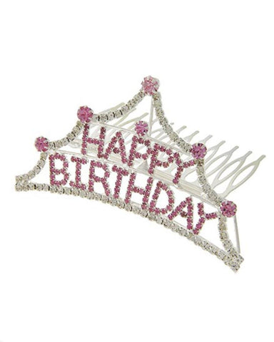 Fashion Silver Tone Pink Rhinestone Happy Birthday Small Tiara Comb / AZFJTI101-SPI