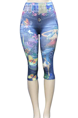 Arras Creations Fashion Trendy Print Short Flower/Butterfly Polyester Capri Legging for Women / AZPASL919-BLM