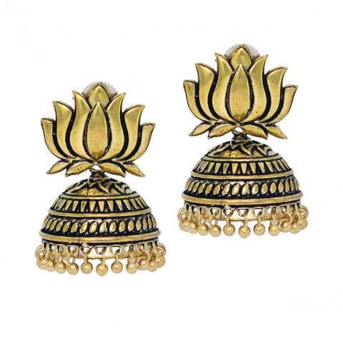 Traditional Indian Style Oxidised Lotus Design Jhumki Earrings for Women / AZINOXE32