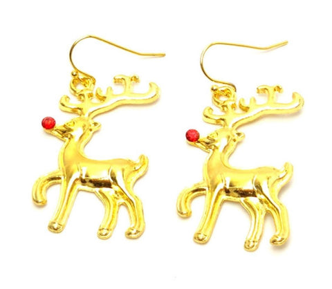 Christmas : Rudolph Reindeer Dangle Fish Hook Earrings For Women / AZAEXA022-GLD
