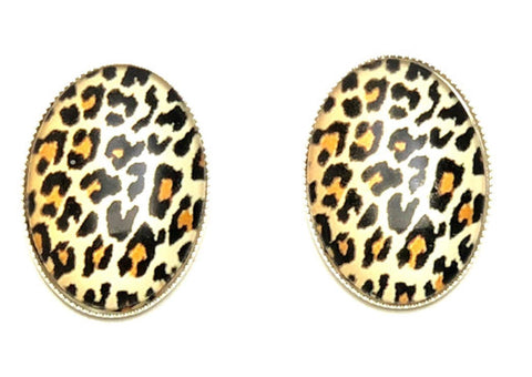 Trendy Fashion Cameo Cabochon Leopard Print Button Post Earrings for Women / AZEACPM01-SLE