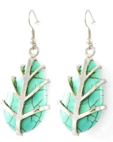 Trendy Fashion TearDrop Leaf Dangle Silver Turquoise Stone Earring / AZERVT940-STU