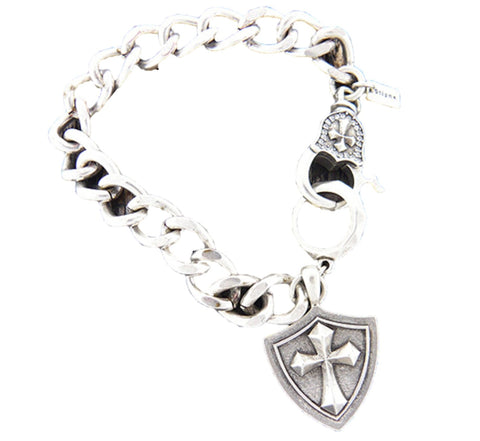 Mens stainless steel chain bracelet - cross shield charm - 8 inch - Burnished Silver / AZMJBR009-BSL-08