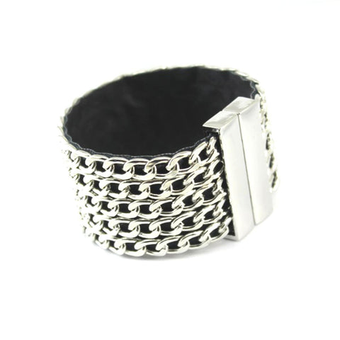 Elegant Silver Tone Chain Leather Bracelet / AZBRMA801-SIL