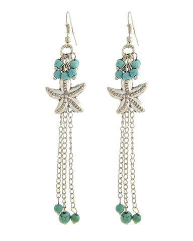 SEA LIFE Antique Silver Turquoise Stone Metal Chandelier Starfish Fish Hook Earring / AZERSEA260-AST