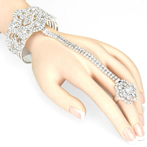 Fashion Trendy Flower Pave Hand Chain Ring and Bracelet Set For Women / AZFJSBB381-SCL
