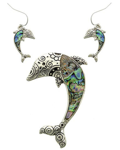 SeaLife: Multi Color Abalone Shell Dolphin Pendant & Earring Set / AZNSSEA876-SAB