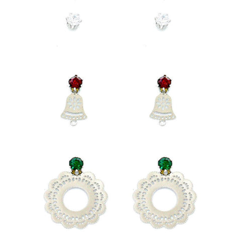 Fashion Trendy 3-Pairs Crystal CZ Christmas Bell & Wreath Earrings For Women / AZERFH194-SGR-CHR