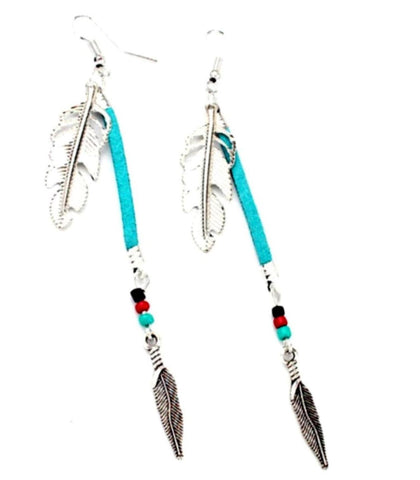 Vintage Tibetan Metal Leaves Turquoise Beads Tassel Earrings For Women / AZERAL031-ASB