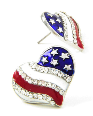 Fashion Independence Day American Flag Heart Button Post Earring For Women / AZERPT031-SRB-PAT