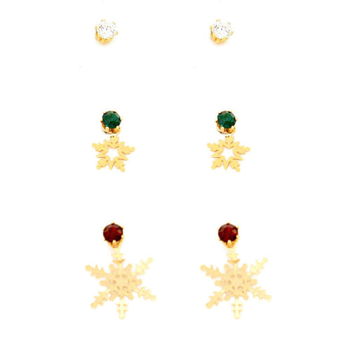 3-Pairs Crystal Cubic Zirconia CZ Christmas Light Snowflake Drop Earrings / AZERFH189-GGR-CHR