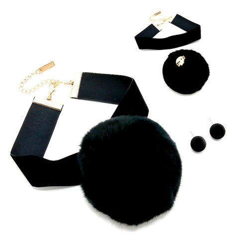 Arras Creations Fashion Trendy Velvet Choker Necklace with Detachable Pom Pom Brooch for Women / AZVGNEW70-BLK