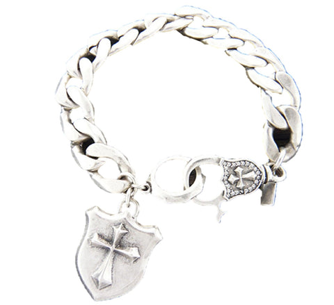 Mens stainless steel wide chain bracelet - Cross shield charm - 8 inch