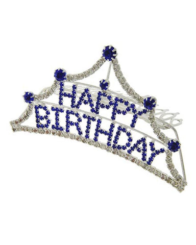 Fashion Silver Tone Blue Rhinestone Happy Birthday Small Tiara Comb / AZFJTI101-SBL