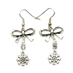 Christmas : Antique Silver Bow & Snow Flakes Dangle Fish Hook Earrings For Women / AZAEXA017-ASL