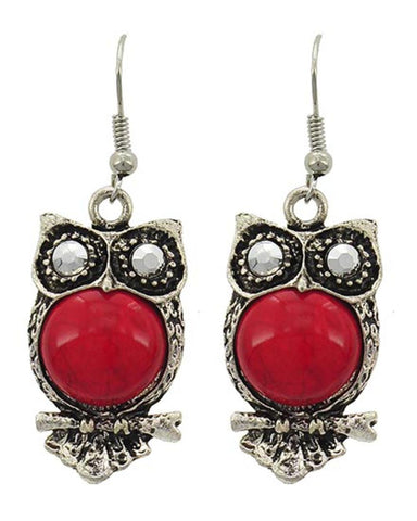 Trendy Fashion Owl Dangle Antique Silver Coral Stone Earring / AZERVR847-ARD