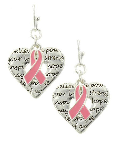 Arras Creations Breast Cancer Awareness Heart W/Message & Pink Ribbon Earring for Women / AZERBCA382-SPK
