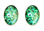 Trendy Fashion Cameo Cabochon Peacock Print Button Post Earrings for Women / AZEACPM01-SPE