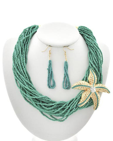 Sea Life Theme Multi Strand Starfish Necklace & Earring Set / AZNSSEA310-SMU
