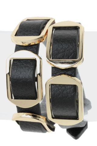 Fashion Trendy Leather Bracelet with Metal Hoops Wrapped For Women / AZBRLB011-MBK