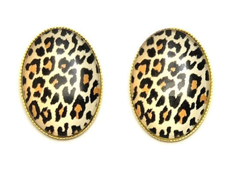 Trendy Fashion Cameo Cabochon Leopard Print Button Post Earrings for Women / AZEACPM01-GLE