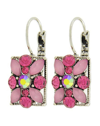 Fashion Trendy Antique Silver Pink Acrylic & Rhinestone Lever Back Earrings For Women / AZERVF014-SPI