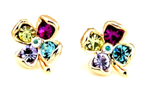 St.Patrick's Day Exquisite Colorful Zircon Four Leaf Clovers Stud Earrings / AZERCLA05-GMU