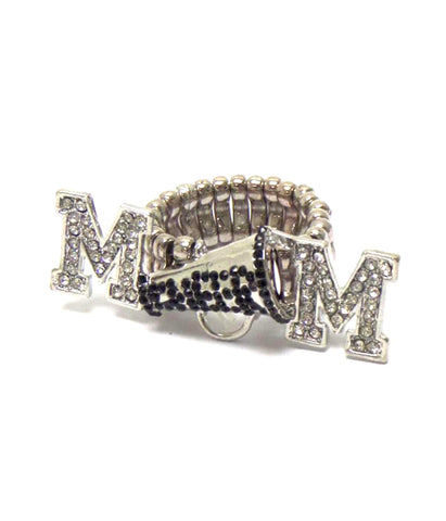 Arras Creations Sports MOM - Crystal Megaphone Cheer Mom Stretch Ring For Women / AZSJRI007-SIL-MOM