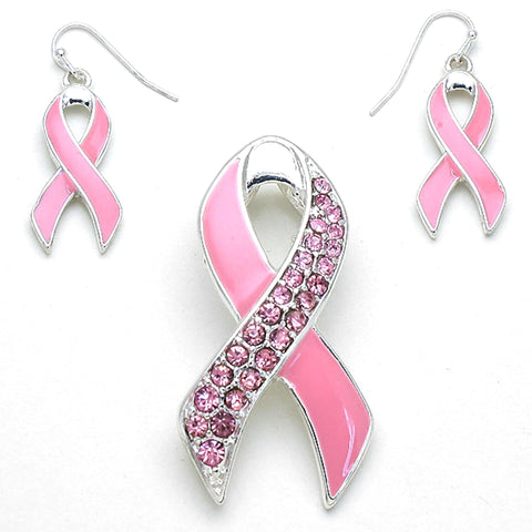 Pink Ribbon Pendant Set - Breast Cancer Awareness For Women / AZNSBCA004-SPP