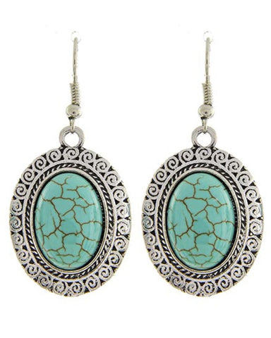Trendy Fashion Oval Dangle Antique Silver Turquoise Stone Earring / AZERVT218-ATU