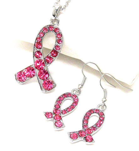 Crystal Pink Ribbon Necklace Set - Breast Cancer Awareness For Women / AZNSBCA003-SPK