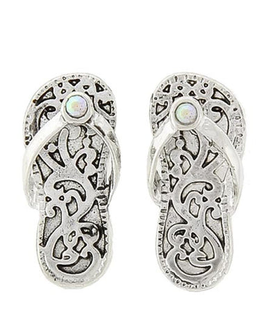 Fashion Trendy Antique Silver Tone Ab Rhinestone Filigree Flip Flop Button Earrings for Women / AZERFF130-ASL