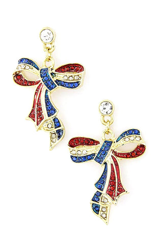 Fashion Independence Day American Flag Crystal Bow Dangle Earring Set For Women / AZERPT024-GRB-PAT