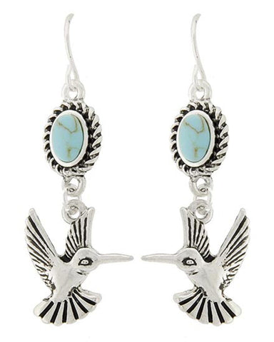 Antique Silver Turquoise Bird Dangle Metal Fish Hook Earring / AZERSEA127-AST