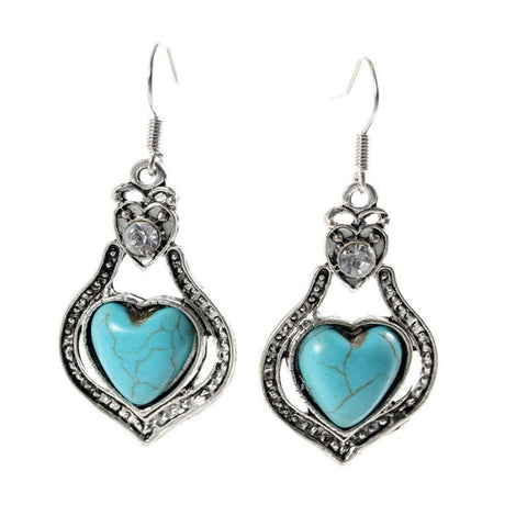 Valentine Heart Ethnic Blue Turquoise Drop Dangle Earrings for Women