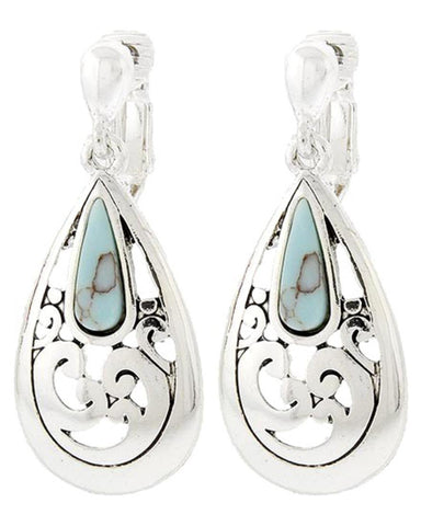Fashion Trendy A.Silver Turquoise Acrylic Tear Drop Dangle Filigree Clip-on Earrings For Women/ AZERCO946-ATU
