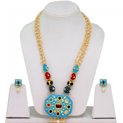 Arras Creations Designer Trendy Octagonal Shape Firozi Indian Necklace Set for Women / AZINPNI801-GMU