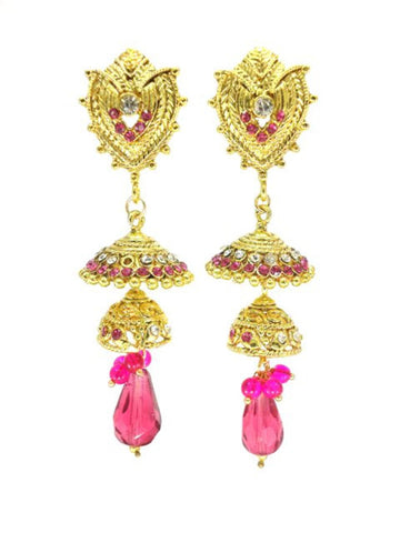 Imitation Designer Double Jhumka Pink and Clear Stone Earring / AZIDDZI420-GPI