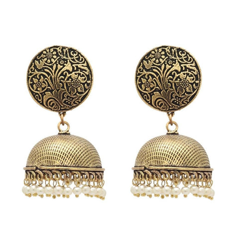 Bollywood Trendy Fashion Oxidized Gold Finish Jhumka Earrings For Women / AZINOXE38-AGW