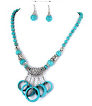 Gemstone Turquoise Aged-Silver Color Metal Necklace & Earring Set / AZFJGE007-TUR