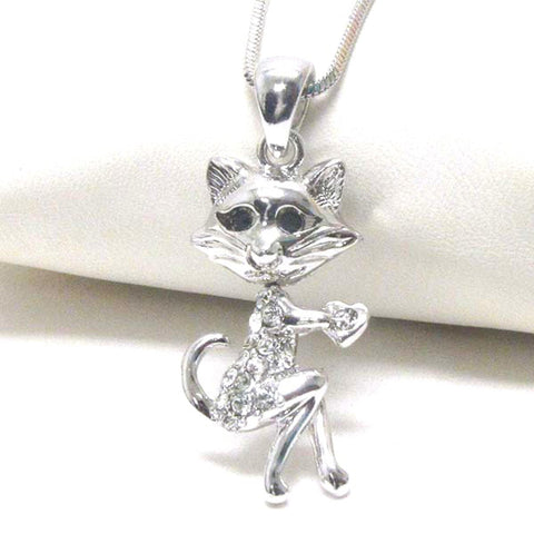 White Gold Plating Crystal Deco Cat Necklace / Color: Silver - Clear / AZFJLO028-SCL