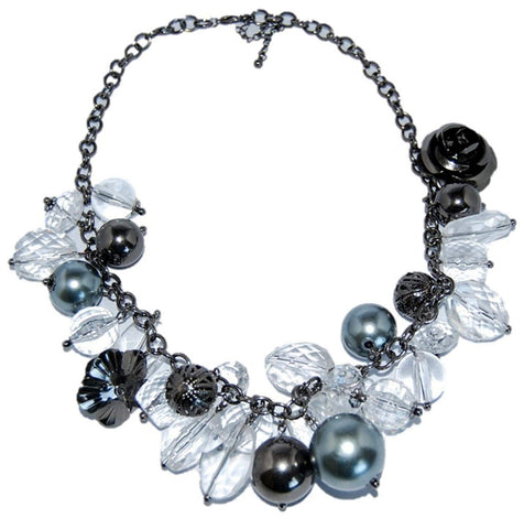 Arras Creations Trendy Fashion Clear & Grey Gun Metal Beaded Short Fusion Necklace for Women / AZFJSH008-HGY