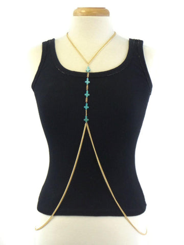 Fashion Trendy Multi Turquoise Cross Center Link Body Chain For Women / AZFJBC046-GTU