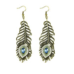 Vintage Bohemian Carved Rhinestone Drop Feather Earrings For Women / AZIDPEA03-AGB