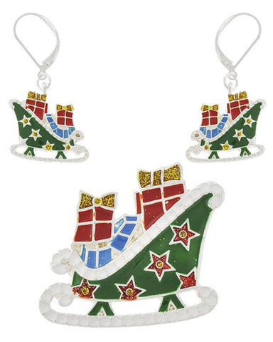 Christmas : Santa Claus' Sleigh Pendant & Earring Set For Women / AZFJPS664-SMU