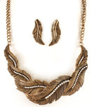Tribal Metal Casting Feather Statement Necklace With Earrings / AZBTBS015-ACL